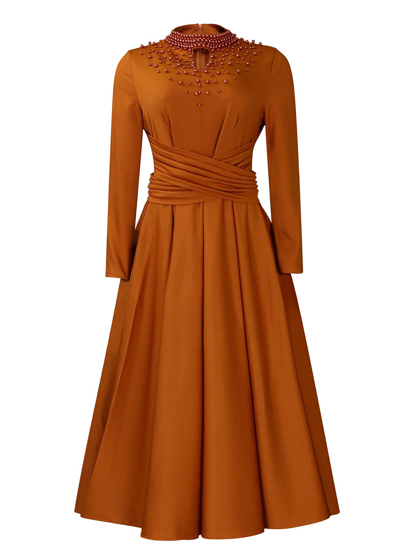 

Женское платье больших размеров на весну и осень, модное элегантное платье с высоким воротом, расшитое бисером, большие распашные платья с талией XXXL