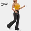 Women Casual Style Trousers High Waist Denim Pants Slightly Slim Fit Elegant Flared Jeans Pockets Cross Waistband Streetwear Comfortable