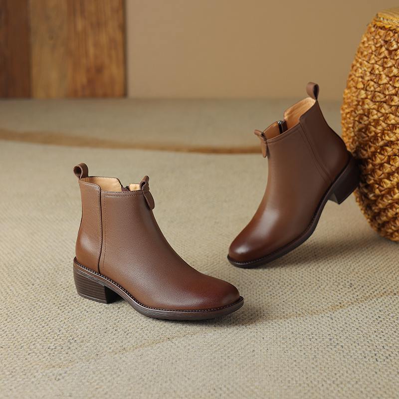 Krazing Pot Cow Skin Winter Square Toe Thick Heels Chelsea Fashion Boots Women Slip on Women Ankle Boots