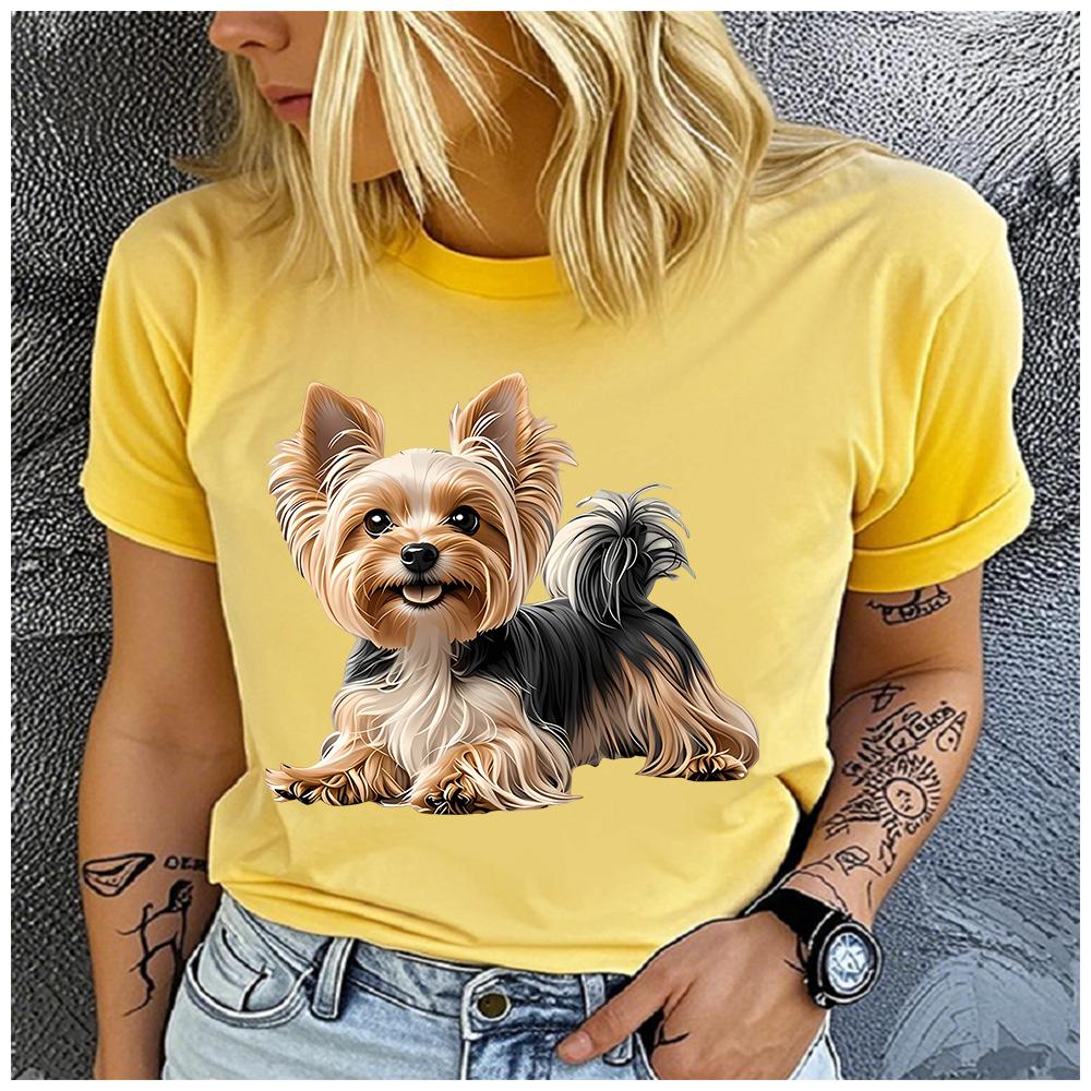 Polyester 100% Cute Yorkshire Terrier Puppy Graphic Women T-Shirt Yorkie Dog Pet Lover Print Short Sleeve Casual Summer Tee