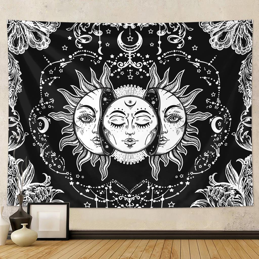 1 szt. Gobelin Słońce Księżyc, Gobelin Płonące Słońce i Gwiazdy, Czarno-Biały Tajemniczy Gobelin z Kart Tarot