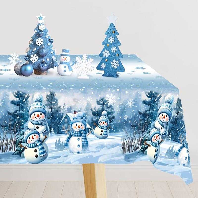 1Pc Winter Snowman Christmas Tree Blue Printed Tablecloth Table Cover For Holiday Party Dining Home Decoration