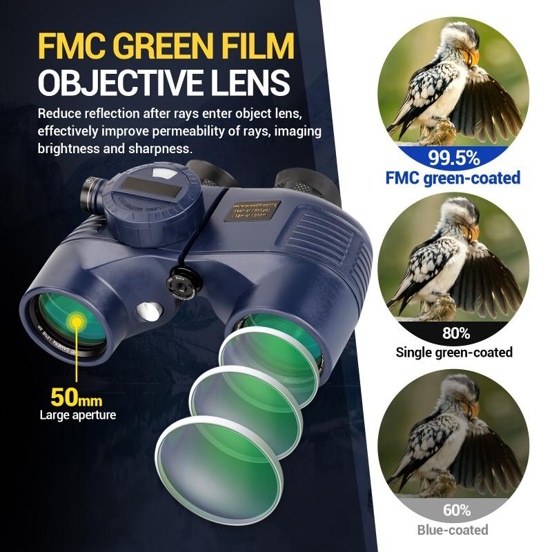10x50 Ocean Binoculars For Adults, Binoculars With Rangefinder Compass, BAK4 Prism, FMC Lens, Rangefinder Binoculars