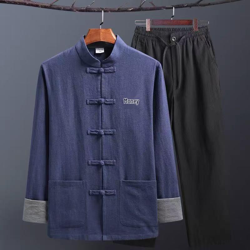 Men's Retro Chinese Tang Suit: Spring/Autumn Cotton Linen 3-Piece Set with Long Sleeve Frog Button Hanfu Coat