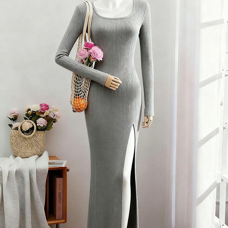 European & American Square Neck Long Sleeve Black Dress for Spring/Summer