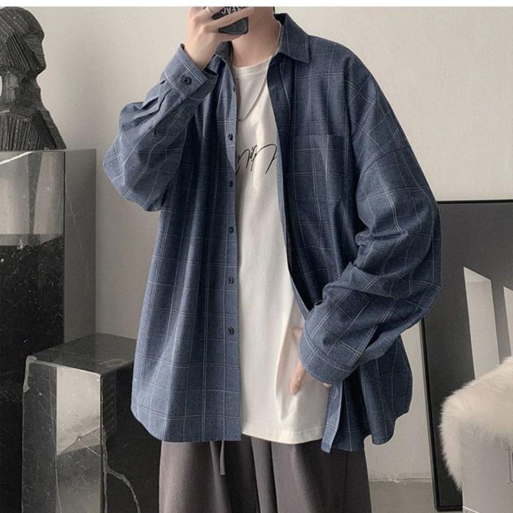 Retro Plaid Shirt Men's Loose Long-sleeved Trendy Handsome Thin Jacket Versatile Shirt