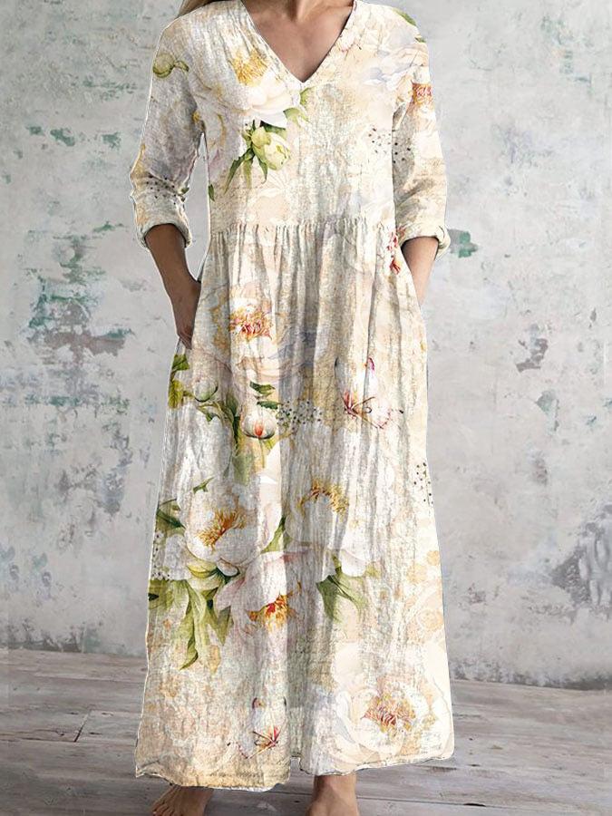 Damen Langarm V-Ausschnitt Maxi Kleid mit Streifenmuster, Knöchellanges Fließendes Kleid, Lässig Elegantes Kleid
