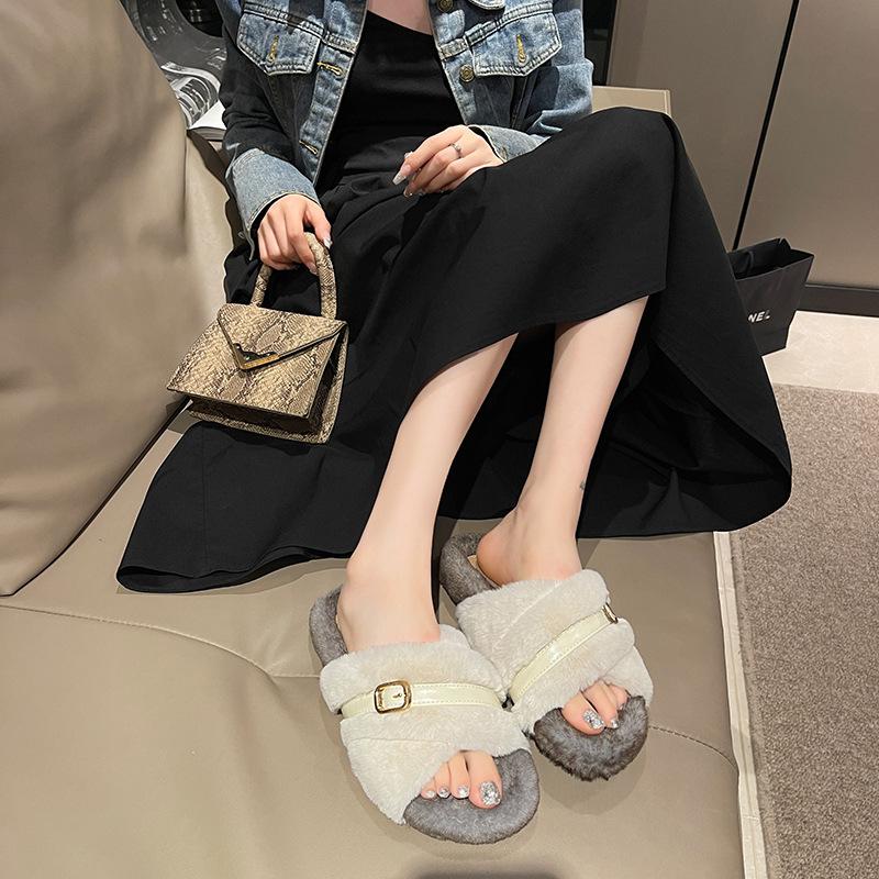 Internet Celebrity Mao Mao Slippers Women Wear 2025 New Autumn and Winter Thick Bottom Cross Home Drag Fairy Wind Maternity Cotton Slippers