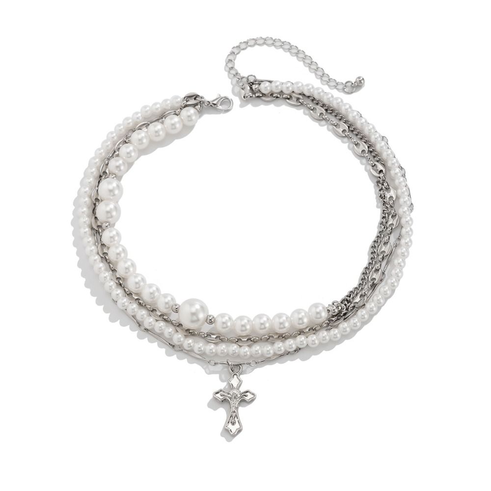 Korean Style Multi-layered Pearl Necklace Cross Women's Clavicle Chain  Women Jewelry