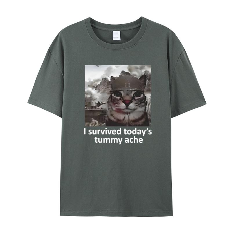 I Survived Today's Tummy Ache Short Sleeve T-shirt Men's and Women's Funny Cat Terriers Summer Trend High Quality Cotton Top