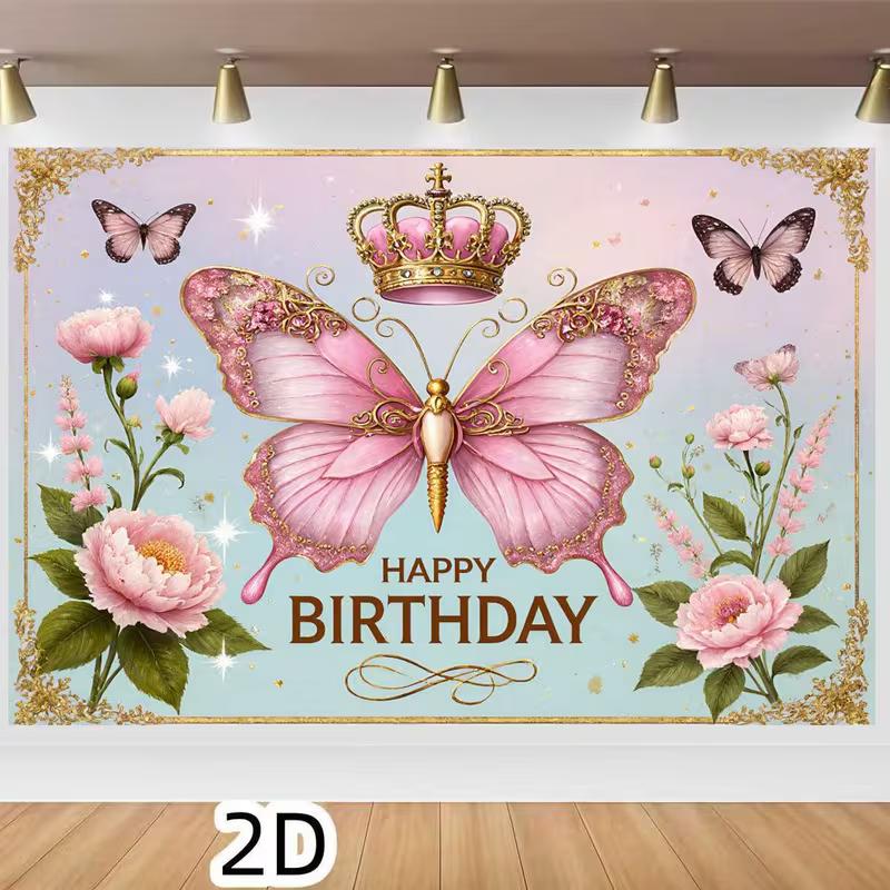 2D Pink Blue Butterfly Birthday Backdrop for Girls Princess Themed Photo Booth Background