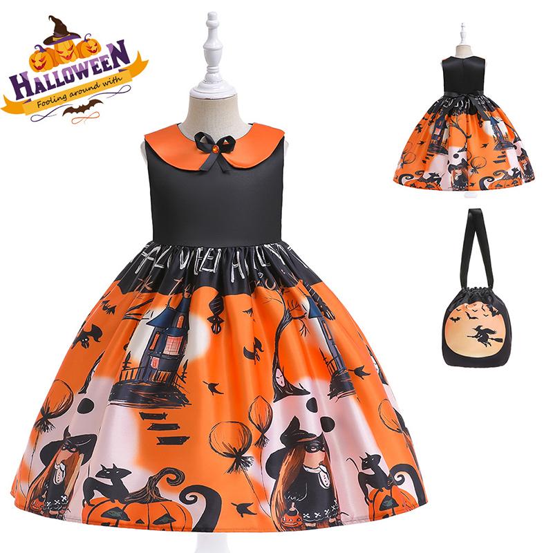 

Halloween Childrens Cosplay Costume Ghost Pumpkin Dress Princess Dress Bag Girl BlackOrange,120cm