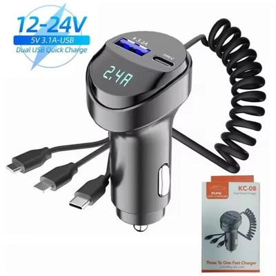Transmetteur FM Bluetooth 5.0 3 en 1 pour voiture, lecteur audio MP3, chargeur de voiture à charge rapide 55 W avec câble rétractable, voltmètre, chargeur de téléphone USB Type C 3,1 A