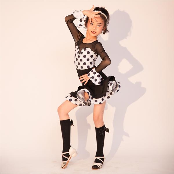 Gepunktetes Langarm Cha Cha Rumba Tango Latein Tanzkleid Mädchen Kinder Samba Salsa Kleidung Kinder Wettkampf Standardtanzkleider