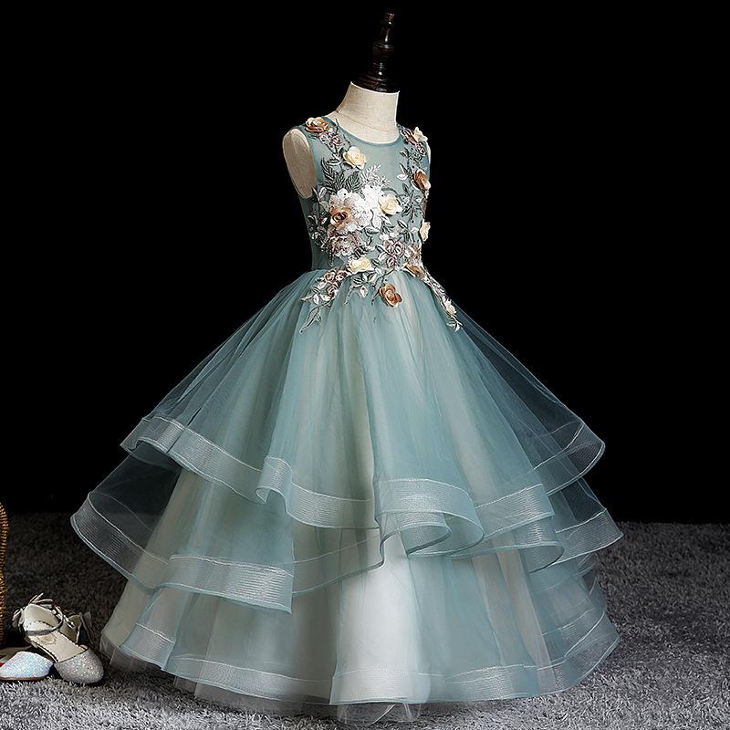 Summer Girls' Floral Mesh Sleeveless Long Performance Costume Princess Dress Sweet Puffy Dress