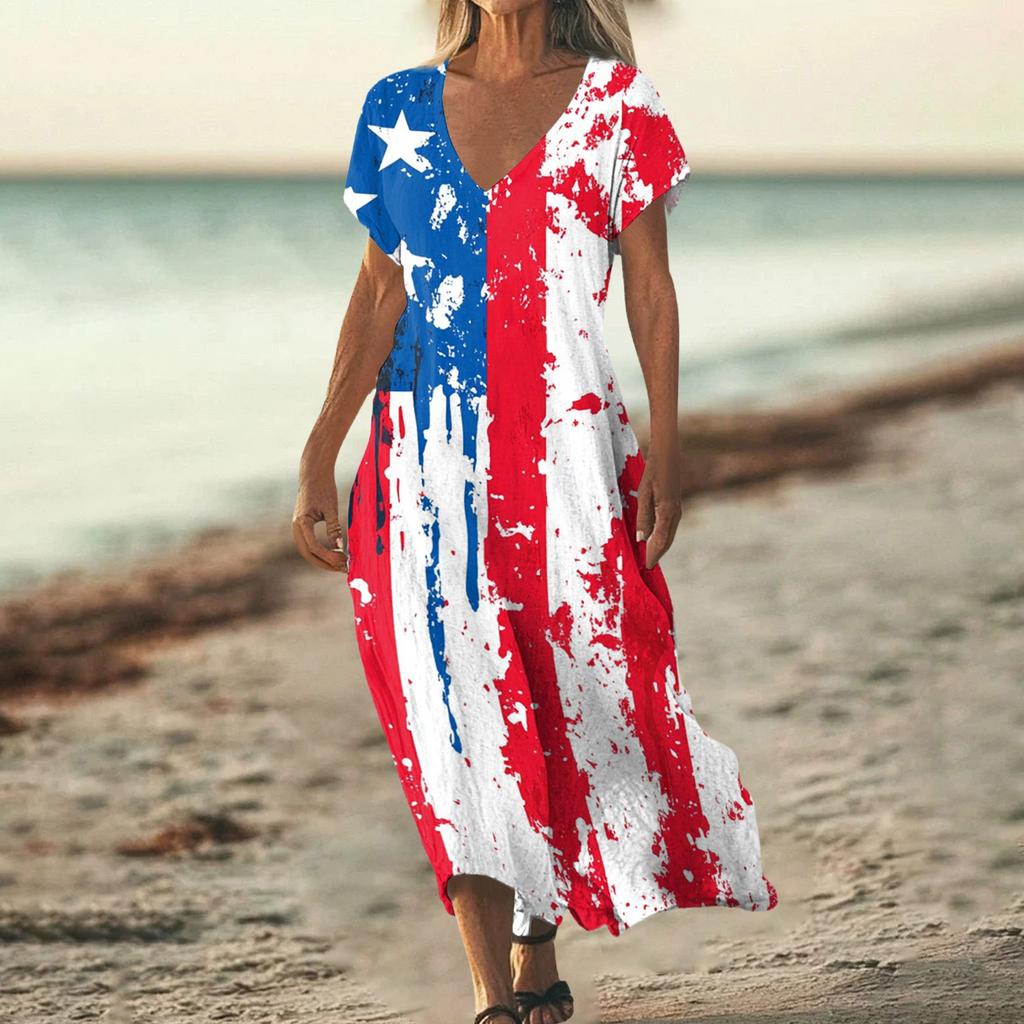 Sommerkleid Damen Lang Strandkleid Elegantes Kleid V-Ausschnitt Kurzarm Sommerkleid Leicht Luftig