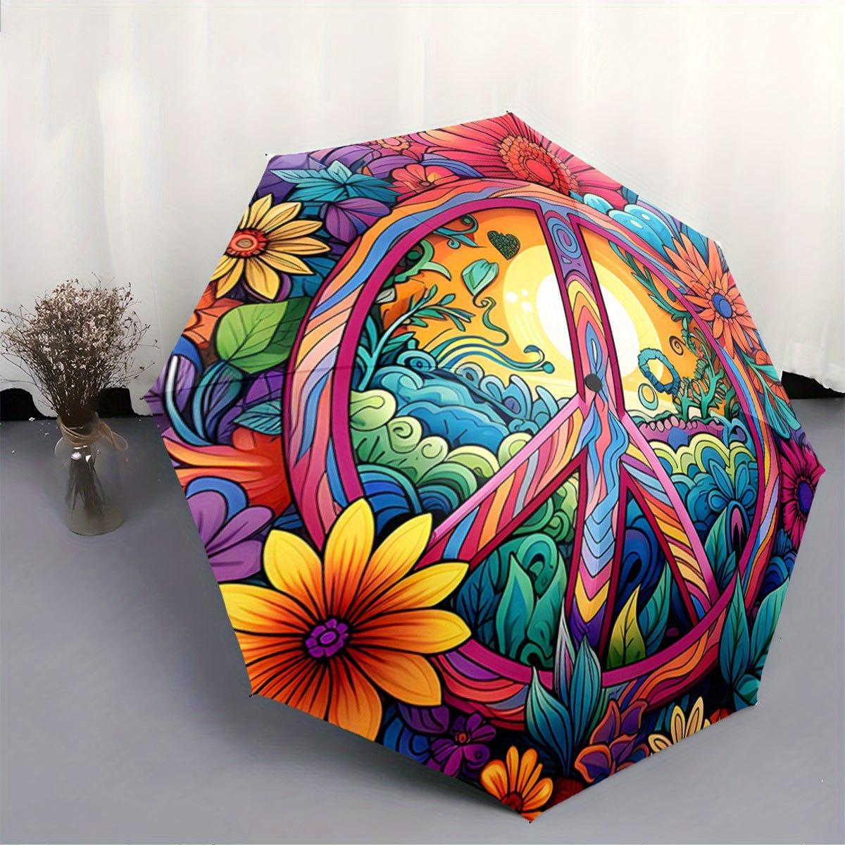 

Automatic Folding Umbrella The umbrella features a vibrant peace symbol surrounded by colorful flowers and abstract designs. P Iron&8K