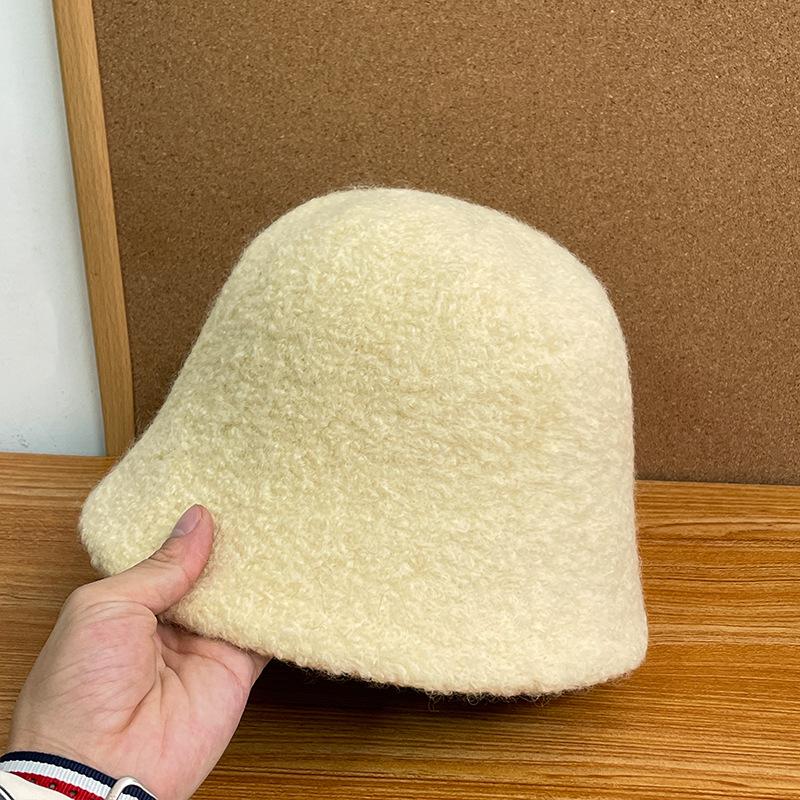 High-grade wool bucket hat women's autumn and winter face small solid color bucket hat simple velvet thickened thermal basin hat