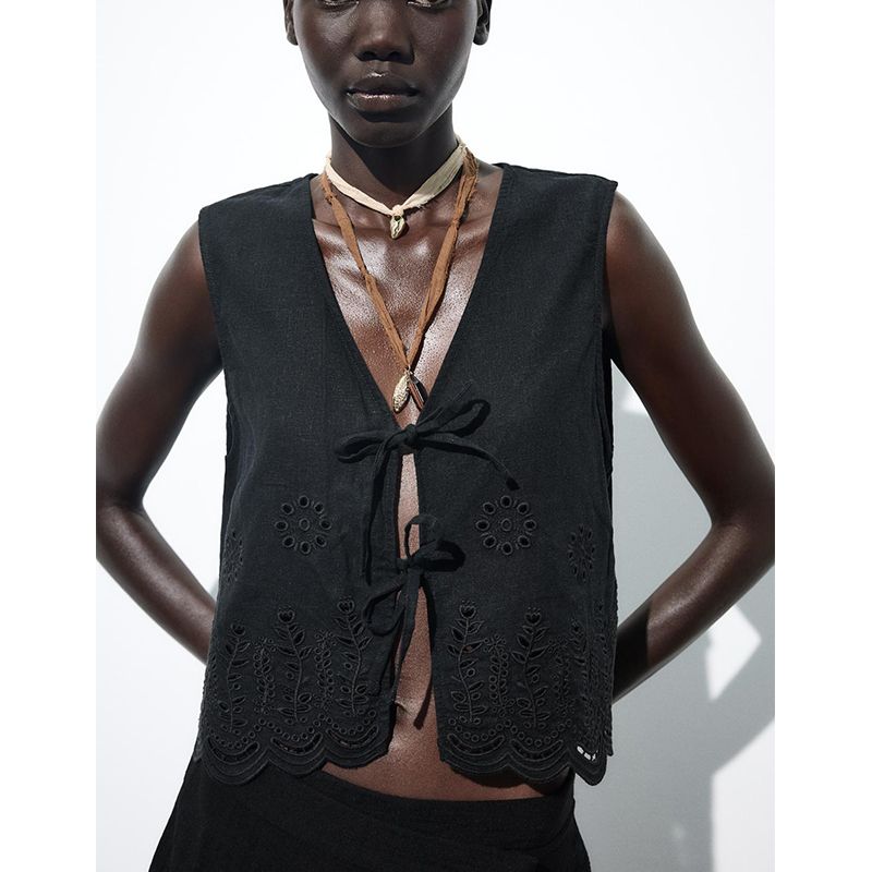 Summer Women's Linen Blend Bows Lace-up Cutout Embroidered V-neck Sleeveless Vest Waistcoat 6318044