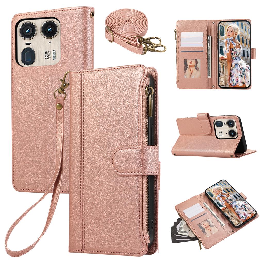 Für Motorola Edge 50 Ultra 5G/Moto X50 Ultra 5G Hülle Mehrere Kartenfächer Reißverschluss Leder Handyhülle mit Schultergurt/Handschlaufe