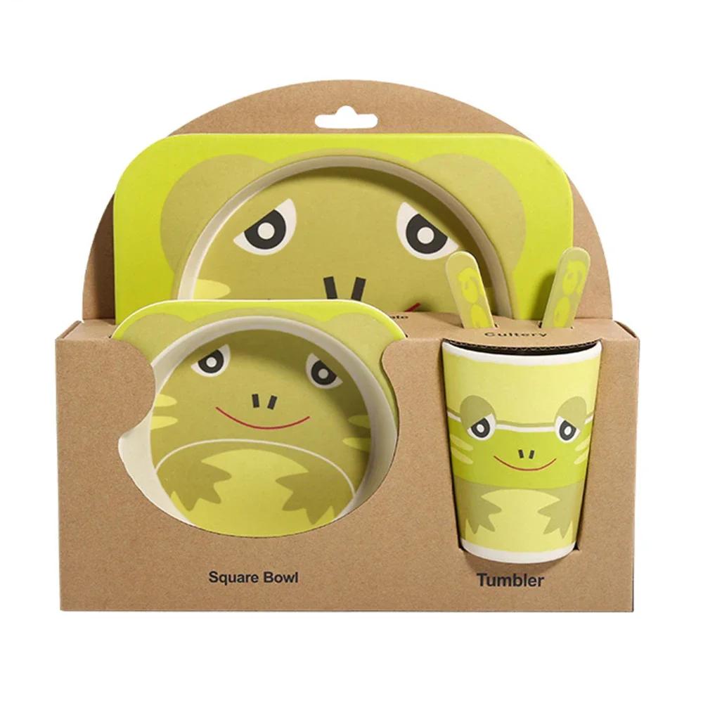 5pcs/sets Dish Tableware Set Natural Bamboo Fiber Bowl With Cup Spoon Plate Fork Feeding Dishes for Kids Utensils Wholesale
