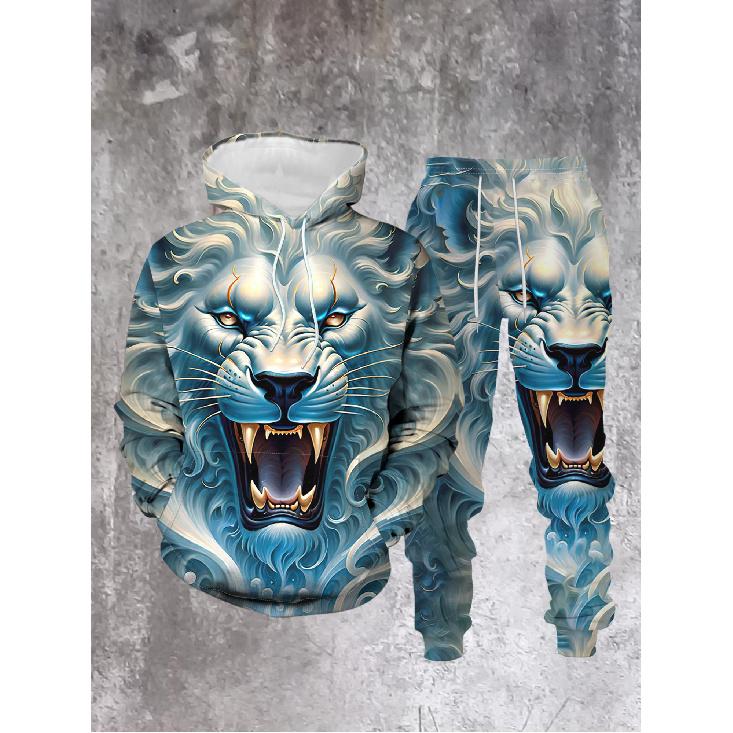 Hooded Men s Outfit Winter Street Style Trendy 3D Roaring Lion Graphic Print Hoodie Sweatpants Set Men s Fashion Casual Wear for Adults Men Holiday S