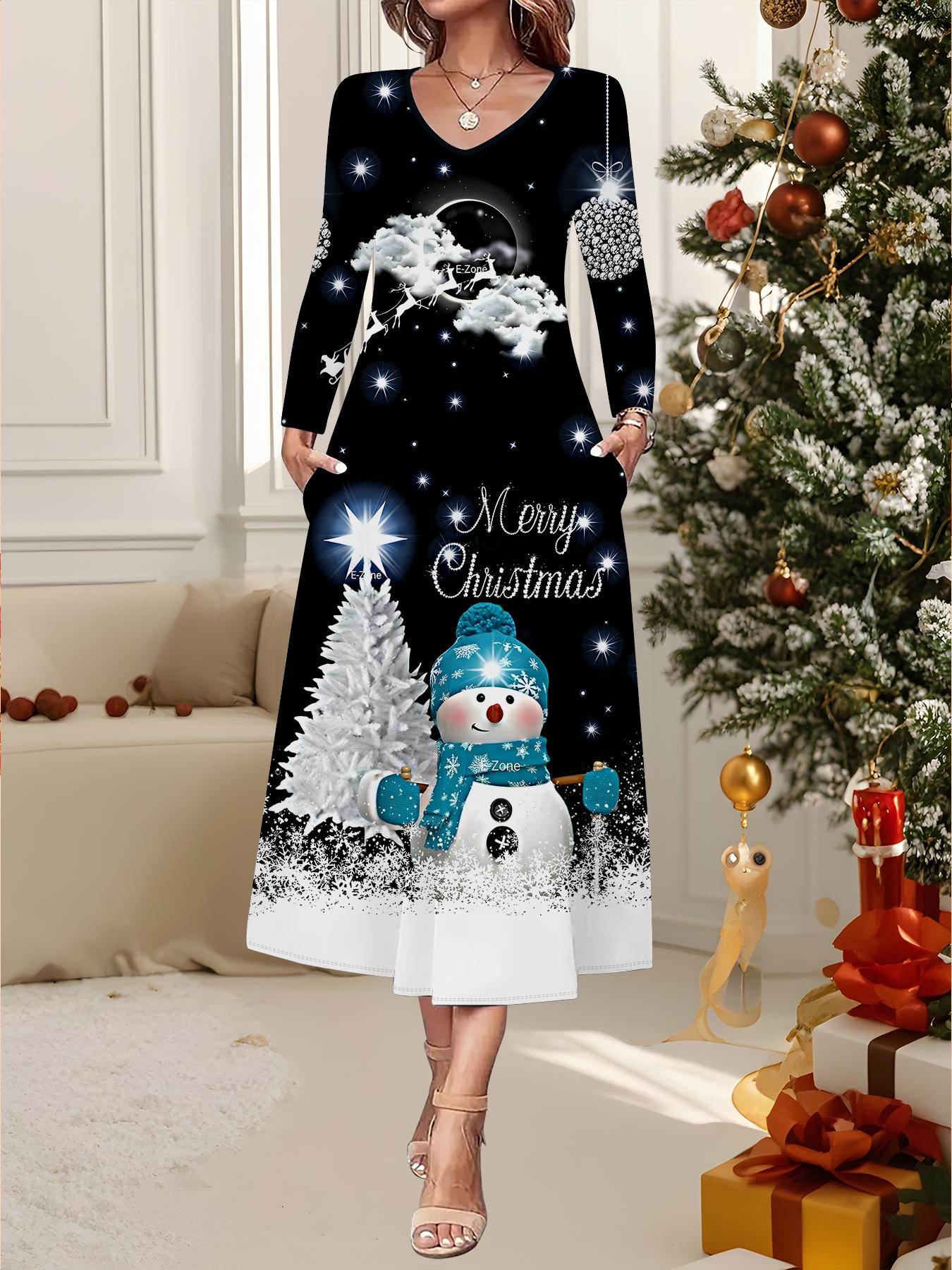 

2025 Осень и Зима Новое Женское Повседневное Модное Платье 3D Принт Снеговика Длинный Рукав V-образный Вырез А-силуэт Рождественский Подарок XXL синий