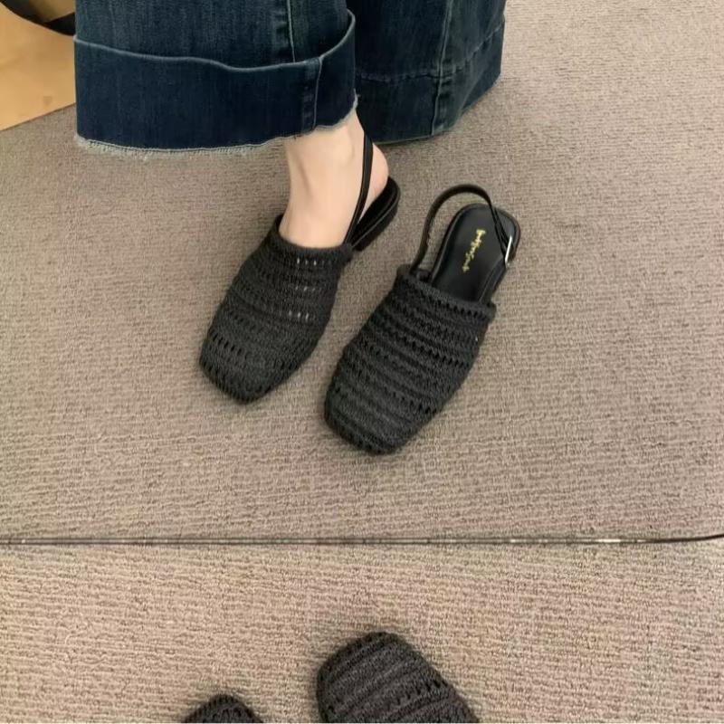 Fashion 2025 Summer New Block Heel Shallow Mouth Straw Bao Tou Back Empty Sandals Women's Shoes One Strap Low Heel Shoes