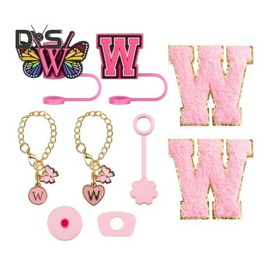 

9 шт. портативный набор для пробок для соломинок с буквами и бабочками, аксессуары для чашек объемом 30 унций и 40 унций, многоразовые силиконовые крышки для соломинок с рисунком, цепочка с подвесками W