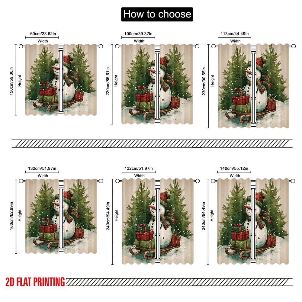 2pcs,2D plane printing Curtains&Window Treatment Snowman_ Tree & Holly Versatile Polyester Fabric (without rod) Room Decor