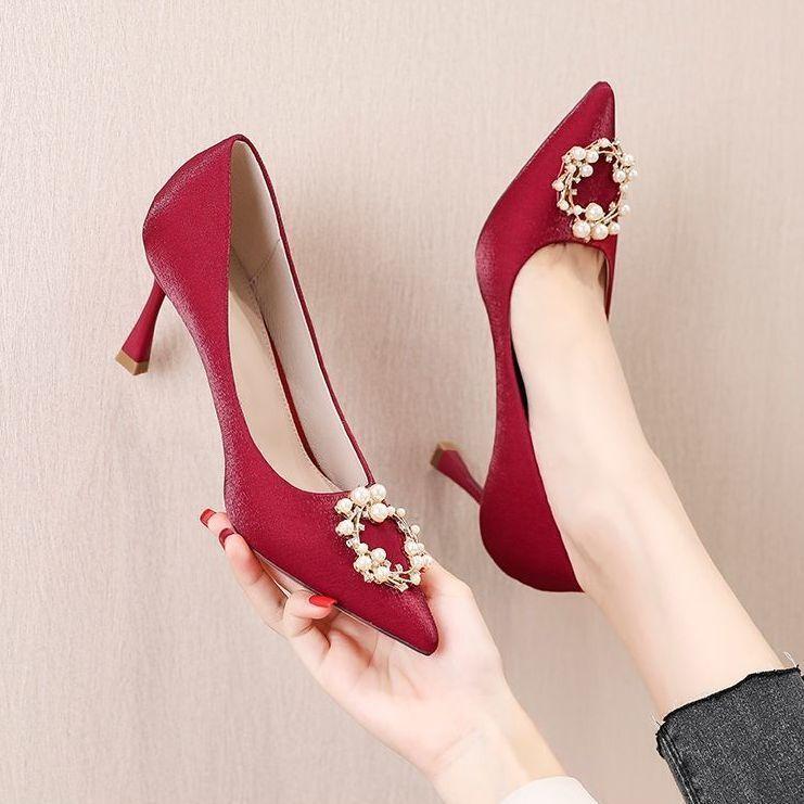 Bride thin heel pointed wedding shoes women's 2025 new show He red high heels women's pearl rhinestone single shoes women