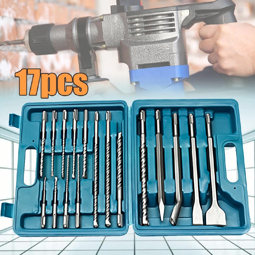 17 Pcs Drill Bits And Chisel SDS Plus Rotary Hammer Bit Masonry Set In Storage Case New
