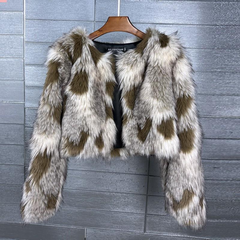 Faux Fur Cropped Coat Womens Dye Tip Jacquard Streetwear Short Jacket