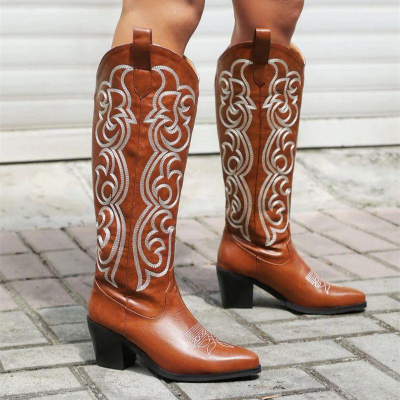 Fashion IPPEUM Cowboy Boots Red Embroider Knee High Chunky Heel Cowgirl Women Western Shoes