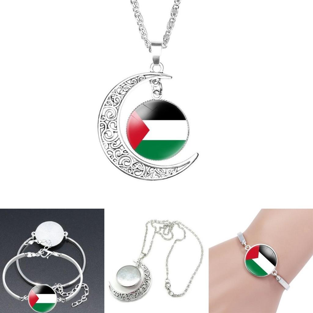 Palestinian Flag Design Time Gem Moon Pendant Necklace Unique Neck Chain