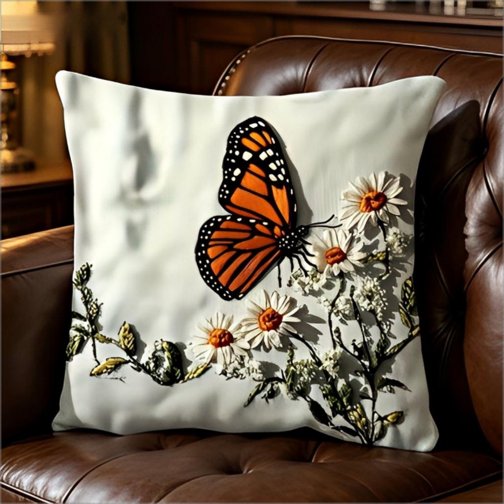 2D Monarch Butterfly Daisy Throw Pillow Cover Vintage Floral Nature Print Decorative Cushion Case For Home Decor