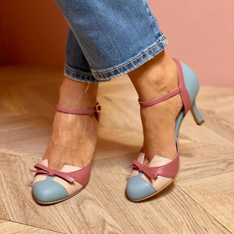 Fashion New Style Sweet Female Pumps Round Toe Small Heels 6cm Buckle Strap Bowknot Mixed Color Plus Size 34-43 Spring Dating Shoes