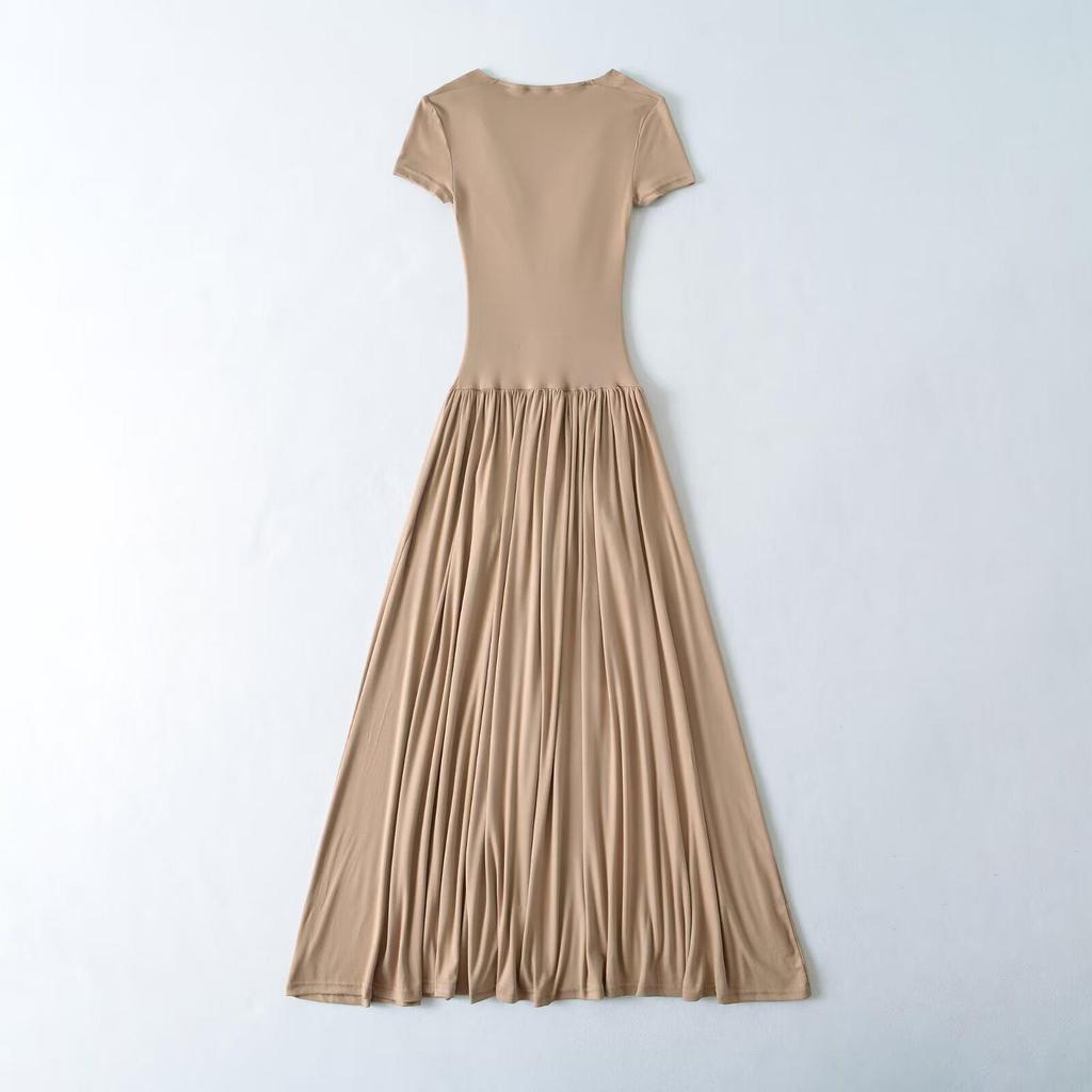 2026 Spring European & American Style Women's Lace Patchwork Waist-Cinching Long Dress with Short Sleeves
