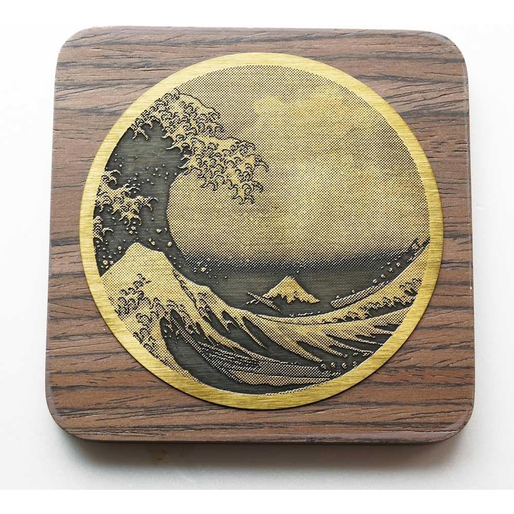Yamaco Brass Ukiyo-e Coaster with Wooden Base Square Walnut 9x9x0.7cm