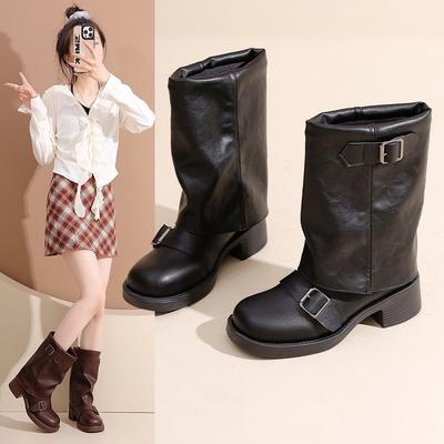 Round Head Wide Tube Thick Heel Medium Tube Boots Women's Autumn and Winter New Retro Belt Buckle Western Boots Pleated Leather Boots Women's Knight