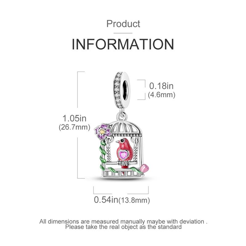 Charms Copper Birdcage Purple Flower Bird Pendant Beads Fit Charms Plata Original Bracelet Beads Women Jewellery Making