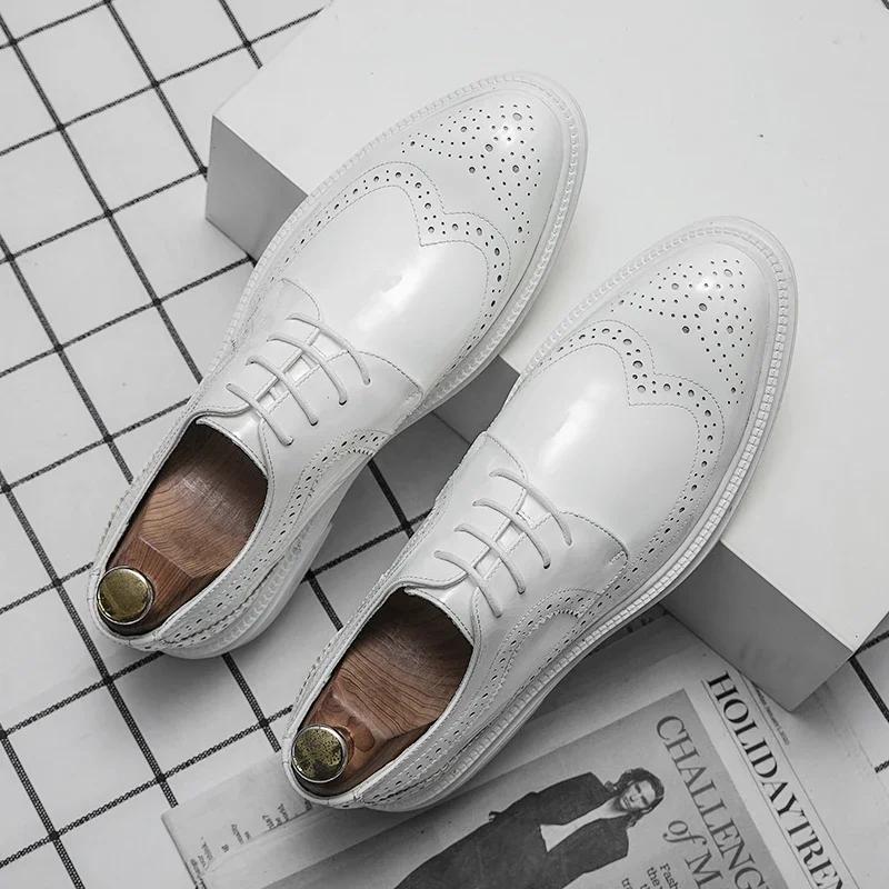 Fashion Luxury Brand Oxford Shoes Thick Soled Formal White Groom's Wedding Leather Shoes Low Heel Lace Up Loafers Pointed Derby Shoes
