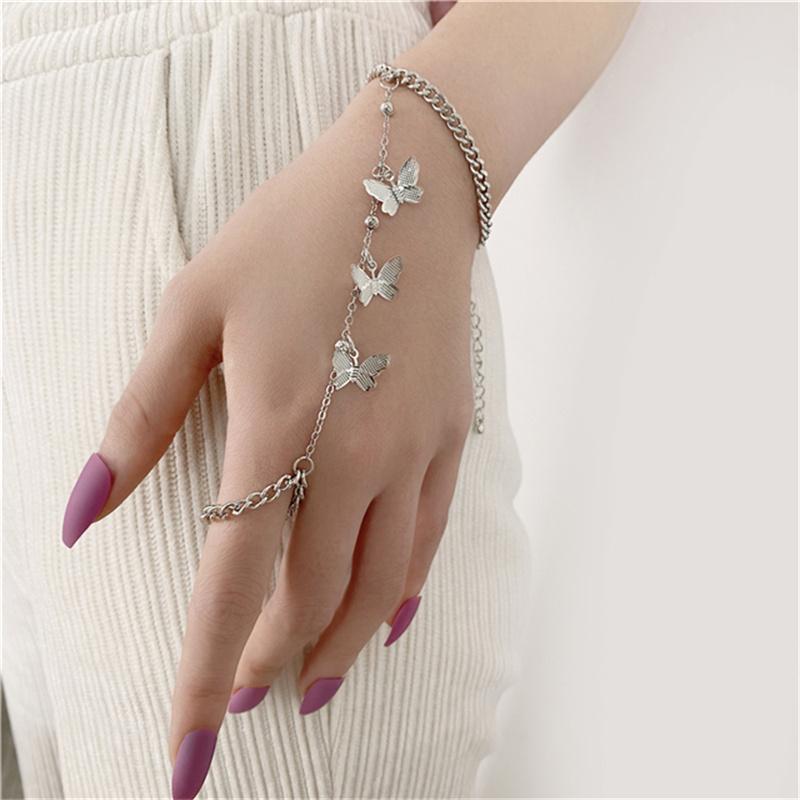 

Vintage Geometric Punk Chain Ring Bracelet Set Gift for Women Men Fashion Rings Finger Jewelry Adjustable Party