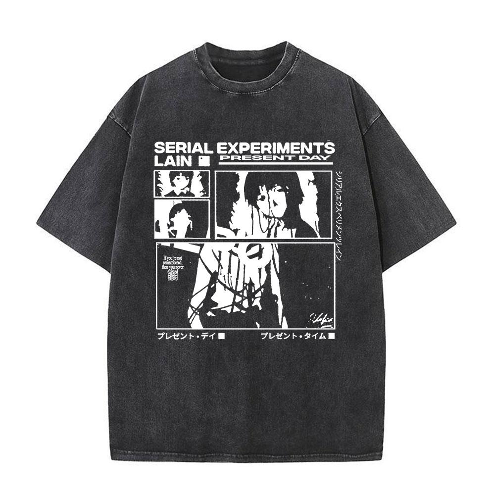 Japanese Anime Serial Experiments Lain Vintage Washed T Shirt Manga Iwakura Girl Sci Fi T-shirts Men 100% Cotton Casual T Shirt