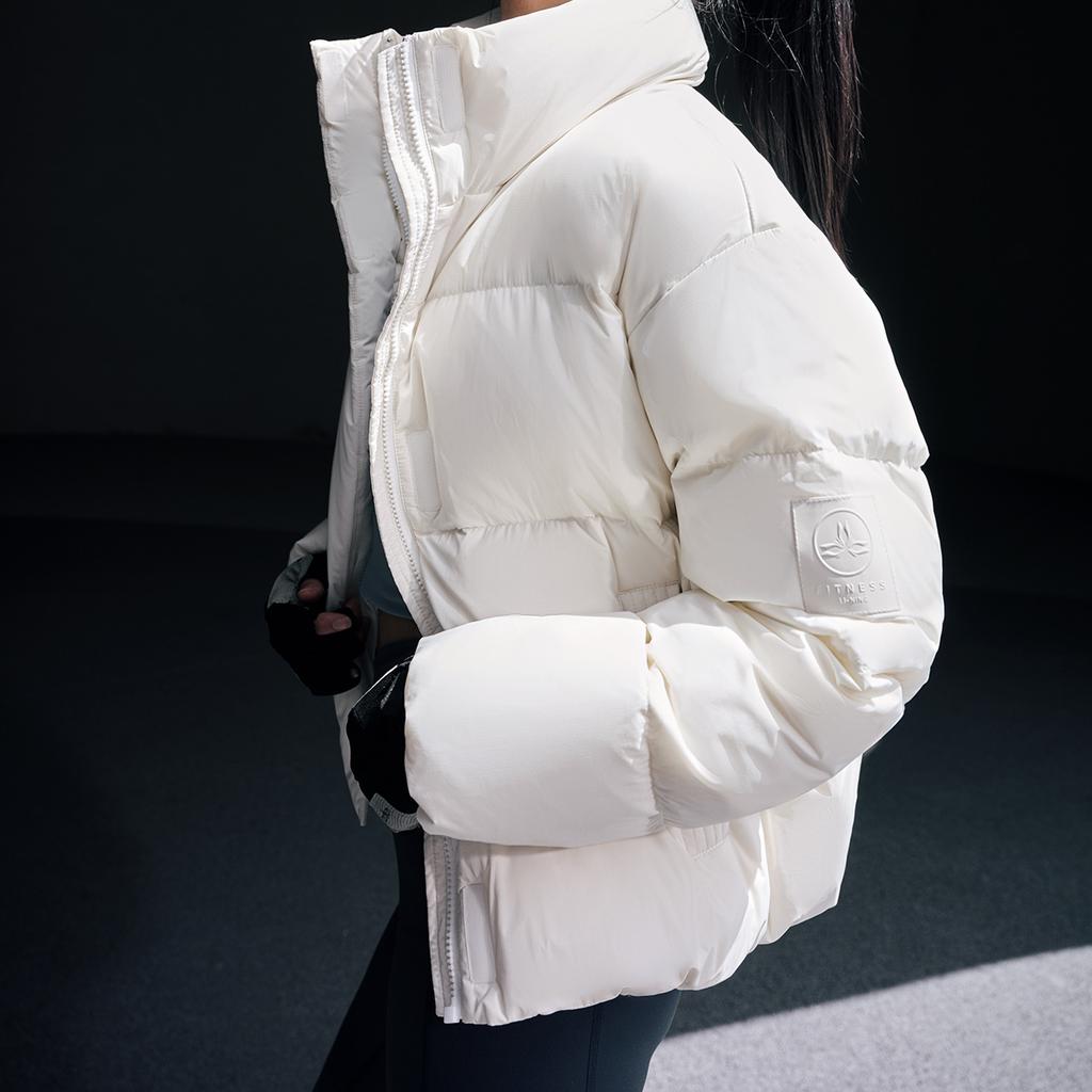 Li Ning Hot Pot Down Jacket Series Off-Season Stock Solid Color Stand Collar Loose Short Down Jacket Women outerwear Off-White AYMT298-6