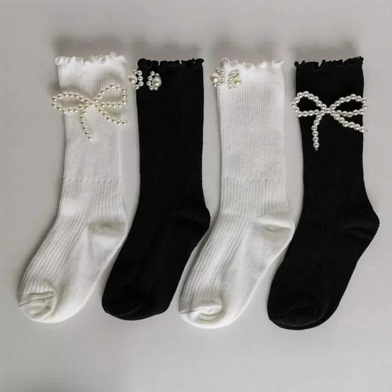 1 Pair Calf Sock for Baby Girls Cute Japanese Pearl Children Girls Over Calf Sock Spring  Autumn Ruffle Princess Lolita Sock
