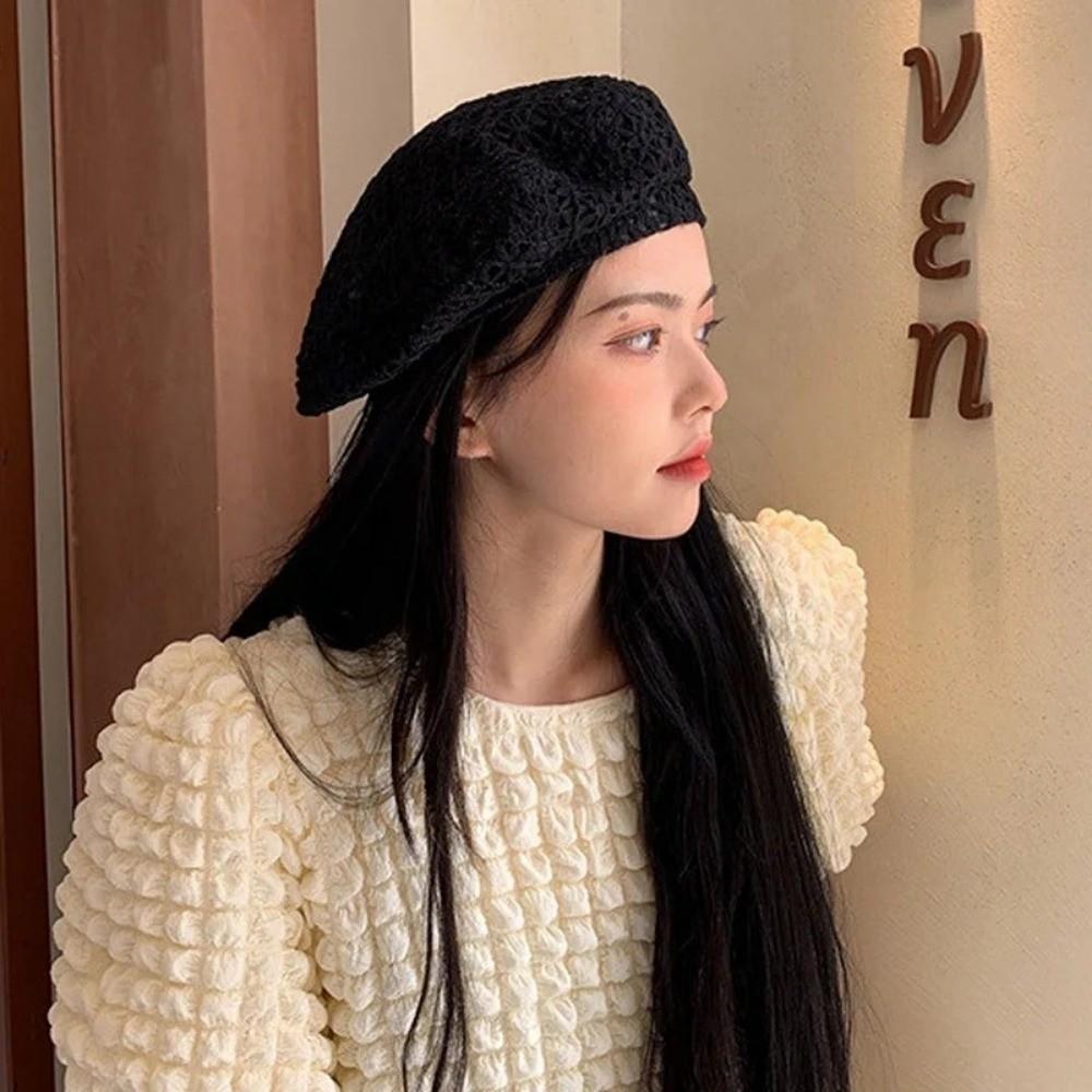 Retro Multi Colored Lace Beret Hat Slouchy Breathable Beanie Cap Summer Cutout Floral Painter Hat For Women