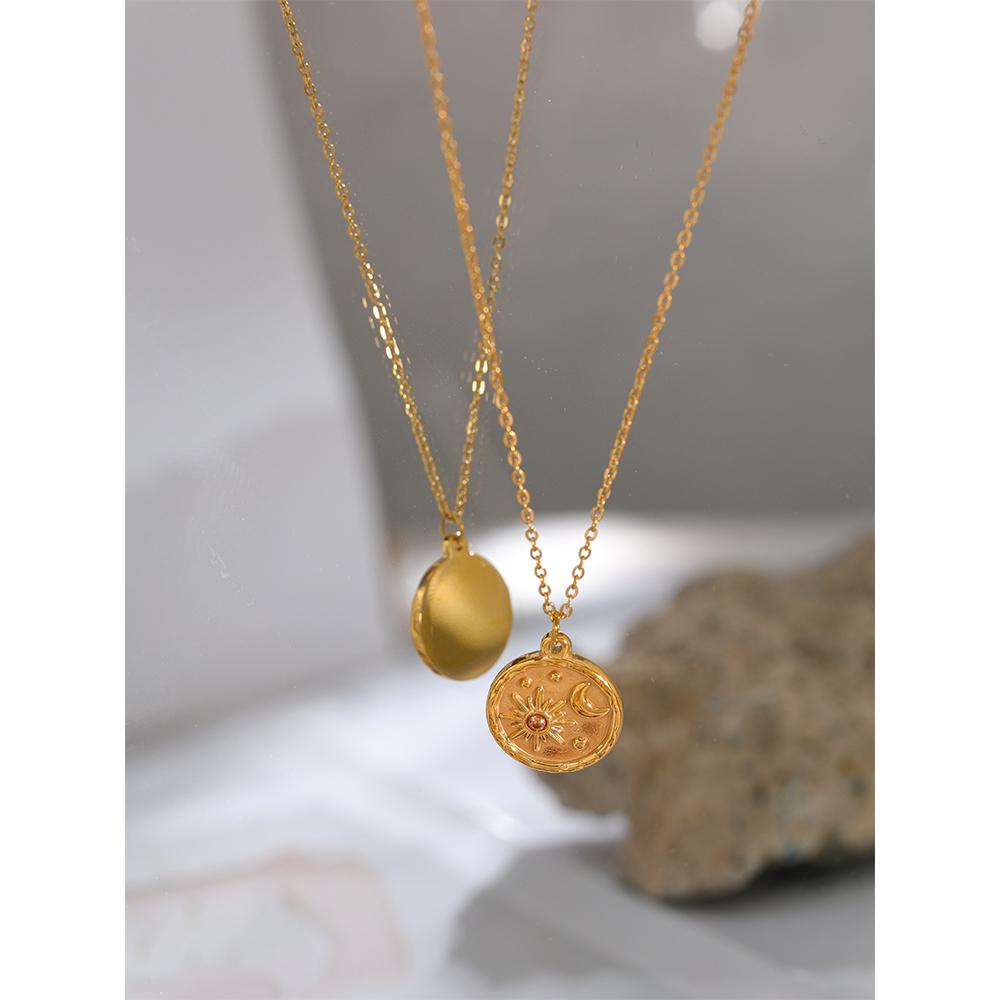 Yhpup Fashion Celestial Moon Sun Delicate Round Pendant Stainless Steel Necklace 18k Gold Plated Chain Trendy Charm Chic Jewelry