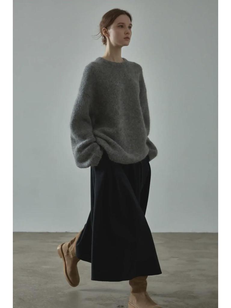 Vzorovaný volný teplý svetr z alpaky – Jednoduchý kulatý výstřih, design se spuštěnými rameny pro podzim/zimu.