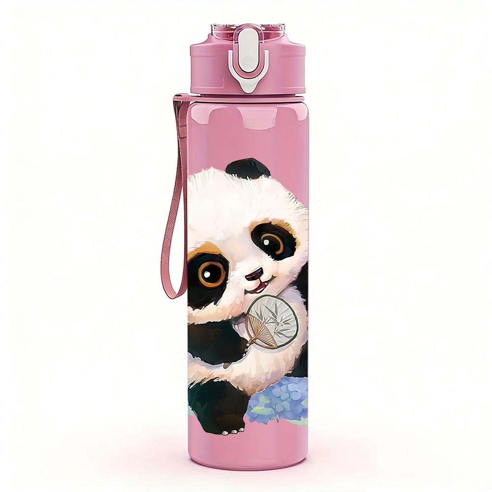 1PC Soft Watercolor Sitting Panda Pattern 750ml Color Plastic Sports Water Bottle Leakproof Flip Straw Lid Suitable for Sports Office Home Use
